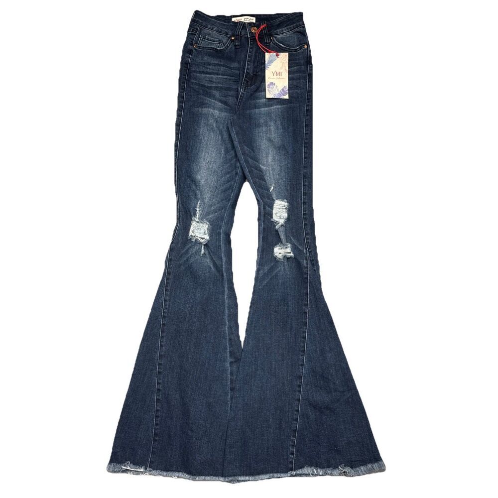 YMI Gigi High Rise Flare Bell Bottom Jeans 1 (22x33.5) Blue Distressed Juniors